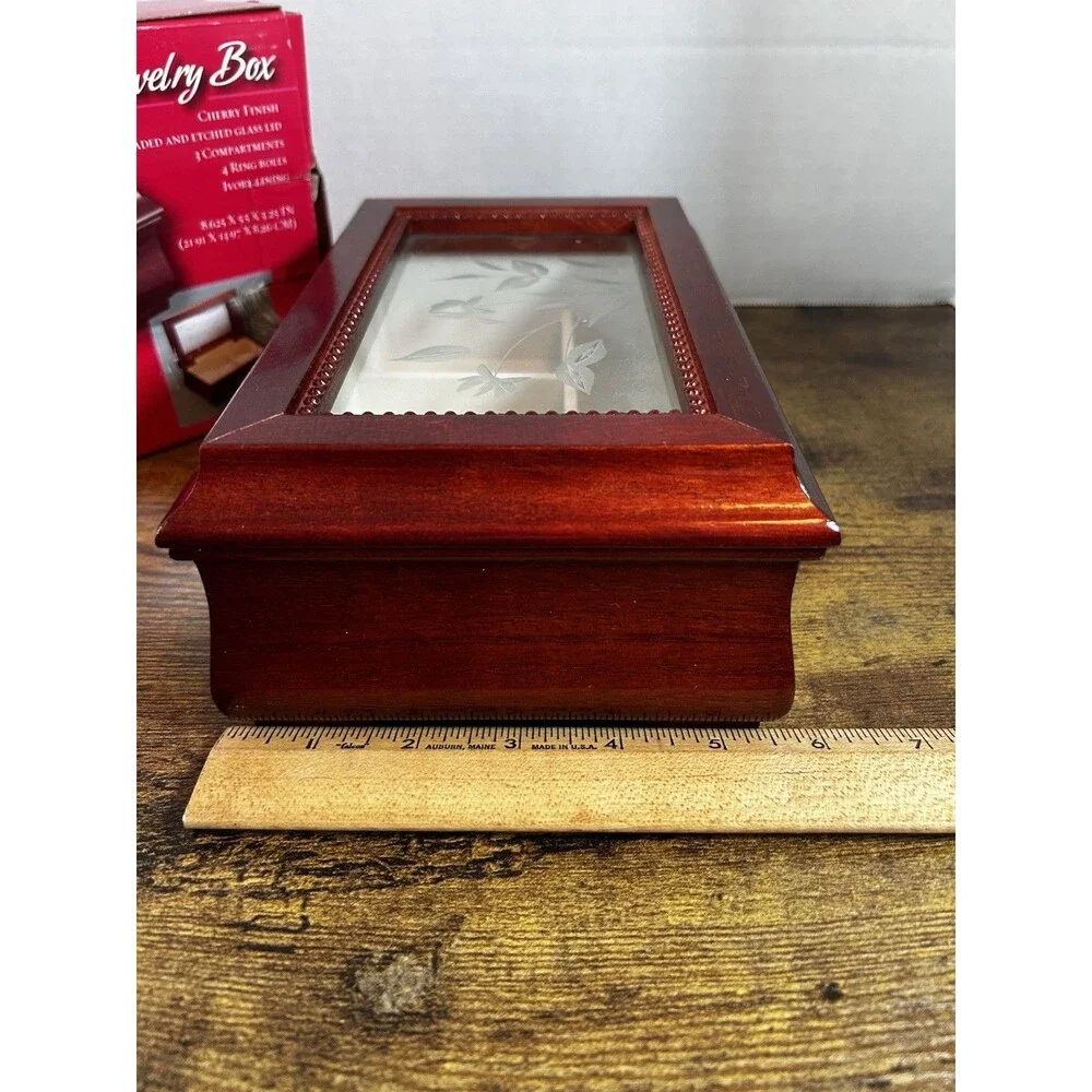 Cherry Finish Wooden Jewelry Box Etched Glass Lid 3 Compartment Ring Holder Vtg